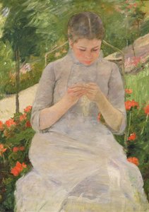 Fiatal nő varr a kertben, 1880-82 körül